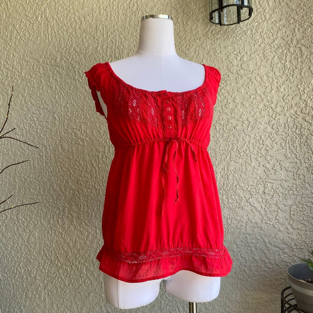 H&M Cap Sleeve Blouse Tank Top Milkmaid Dainty Coquette Red Sz 6 Cottage Cotton